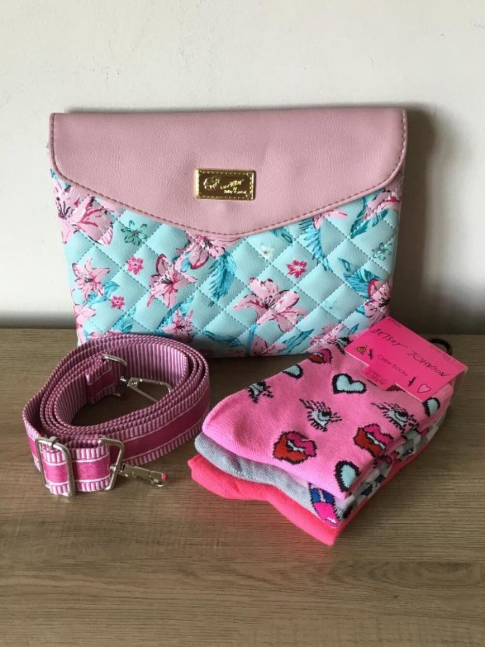 Betsey Johnson Quilted Cosmetic Bag Clutch Crossbody and Socks Bundle
